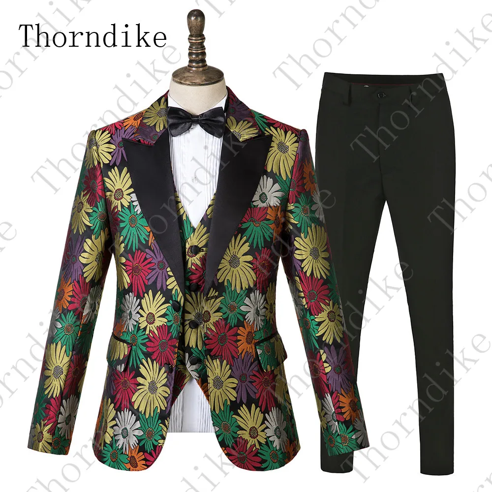 suits 1 Thorndike, мужские костюмы с цветочным принтом, 3 предмета, смокинг с цветочным рисунком, пиджак, королевский синий сценический Свадебный костюм для мужчин(куртка+ жилет+ брюки - Цвет: suits 1