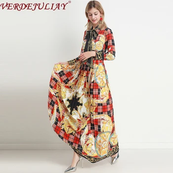 

VERDEJULIAY Runway Fashion Pleated Dress Women Full Sleeve Spring Autumn Dress Flower Print Bow Collar Elegant Party Long Dress