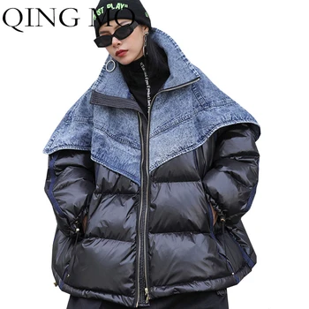 

QING MO Tooling Cowboy Coat Woman 2020 Winter White Duck Down Splicing Coat Fashion Slim Thicken Short Down Jacket Black LHXX399