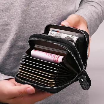 

1PC First Layer Cowhide Card Bag RFID Anti-magnetic Organ Clip Credit Card Holder Wallet Women Men Mini Double Zipper Card Purse