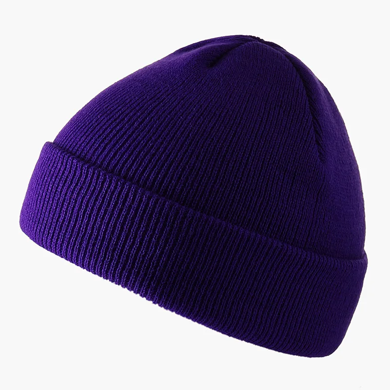 Dark Purple Короткая Шапка-бини, осенняя зимняя шапка унисекс, акриловые вязаные с манжетами, ребристые Gorros, Повседневная Эластичная шапочка с черепом - Цвет: Dark Purple