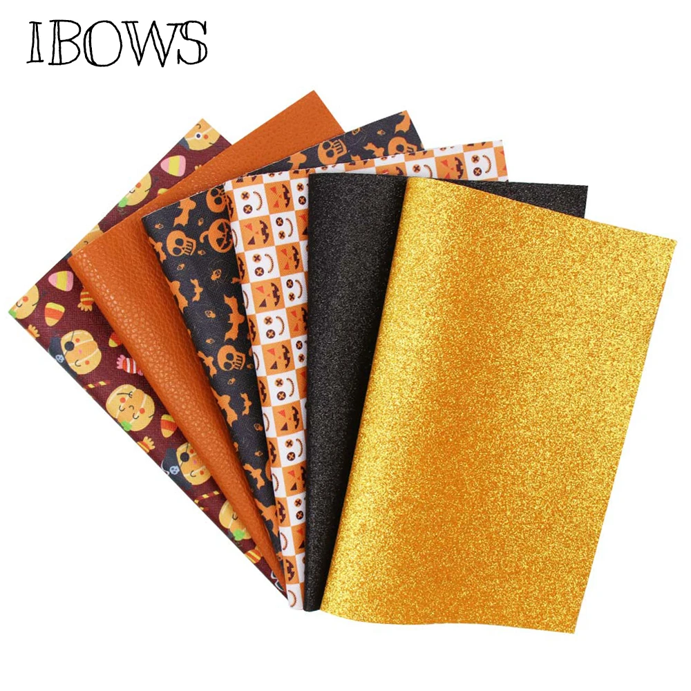 

IBOWS Halloween Synthetic Leather Sheet Glitter Fabric Faux Leather for DIY Hair Bow Bags Accessories Crafts Fabric 22*30cm 6pcs