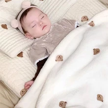 Manta de algodón para bebé recién nacido, manta gruesa con bordado de oso para dormir, cama, sofá, primavera, Otoño e Invierno