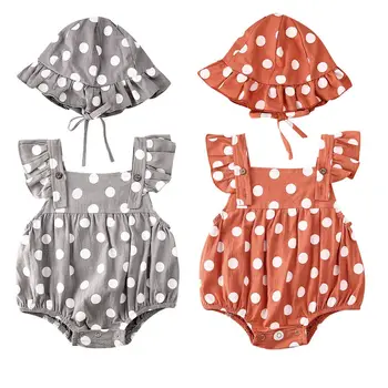 

0-24Months ruffle short sleeve polka dot Bodysuits+ Dots Hats 2pcs Set for new born infant baby girls summer clothes
