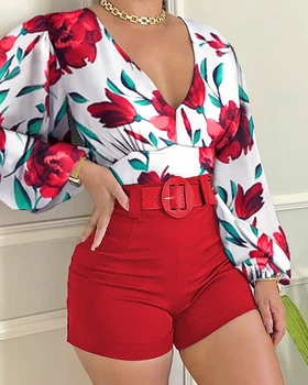 2021 Best Selling Women's tracksuit Solid Color Striped Suits Two Piece Leaf Print Puff Sleeve Top & Shorts Set 2