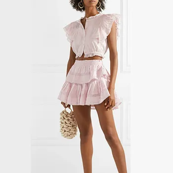 

ZCWXM Women Runway Designer Two Piece Sets 2020 Summer Sweet Pink Single Breasted Lace Short Top+ Cascading Ruffles Mini Skirt