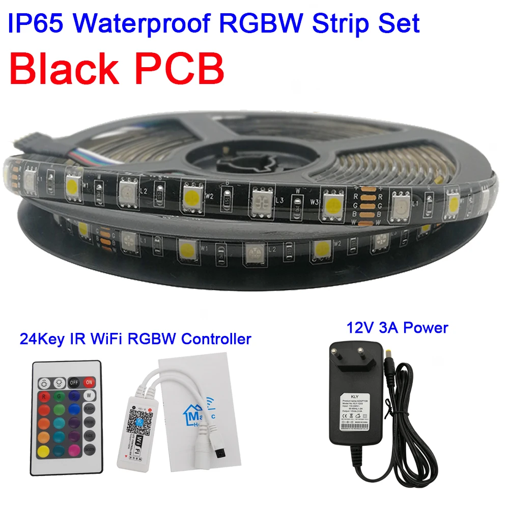 Black PCB IP65 Set DC12V 5050 LED Strip RGBW RGBWW 60LEDs/m 5m with mini 24Key IR WiFi Controller 3A Power Supply LED Strip Set Support APP Control - Испускаемый цвет: Black PCB IP65 Set