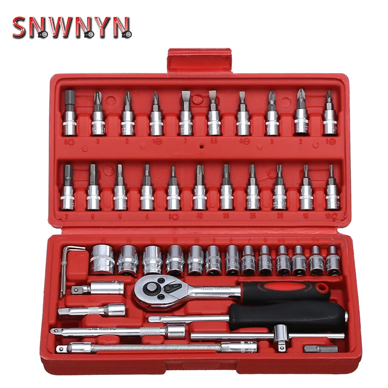 

46pcs Hand Tool Sets Car Repair Tool Kit Set Mechanical Tools Box for Home 1/4-inch Socket Wrench Set Ratchet Screwdriver Kit