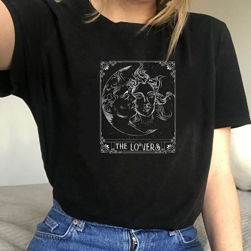 Tarot Sun Moon The Lovers Graphic Tee Black Gothic Cool Grunge 90s Fashion Unisex T-Shirt Casual Funny Harajuku Tumblr Women Top | Женская