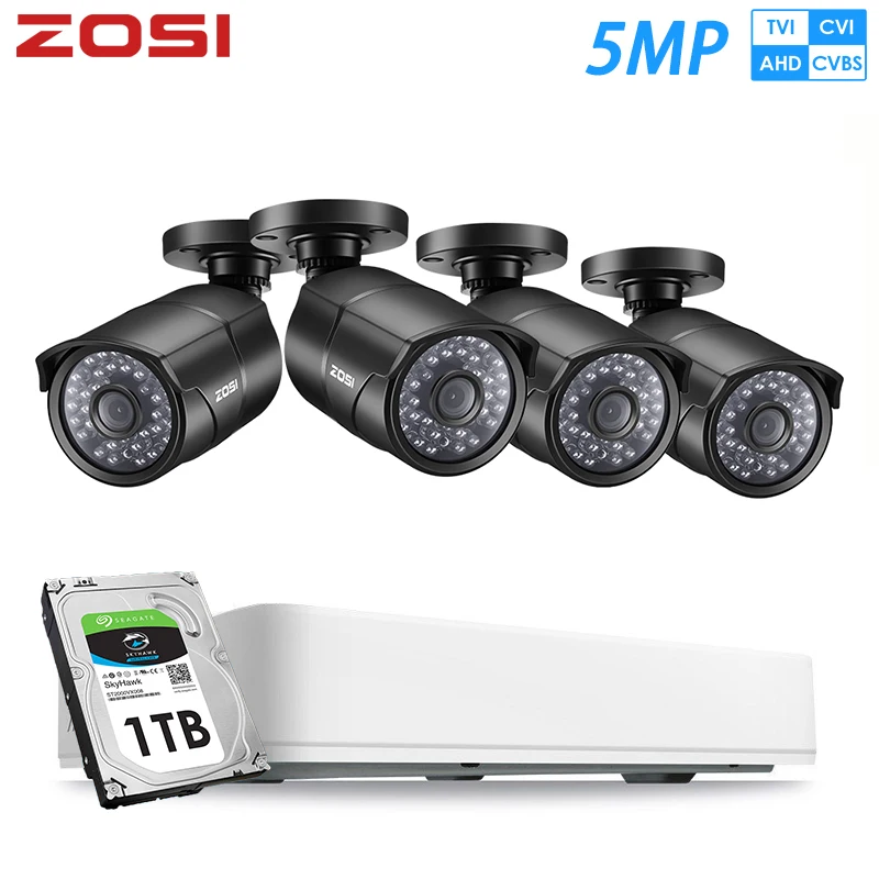 ZOSI 4CH HD 5MP AHD Analog TVI Outdoor Indoor Security Camera System with HD CCTV Video Surveillance Camera with 1TB HDD DVR Kit