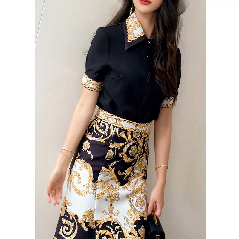 

2019 Summer New Style Printed Short-sleeved Shirt + High-waisted Vintage Printed Sheath Skirt Set