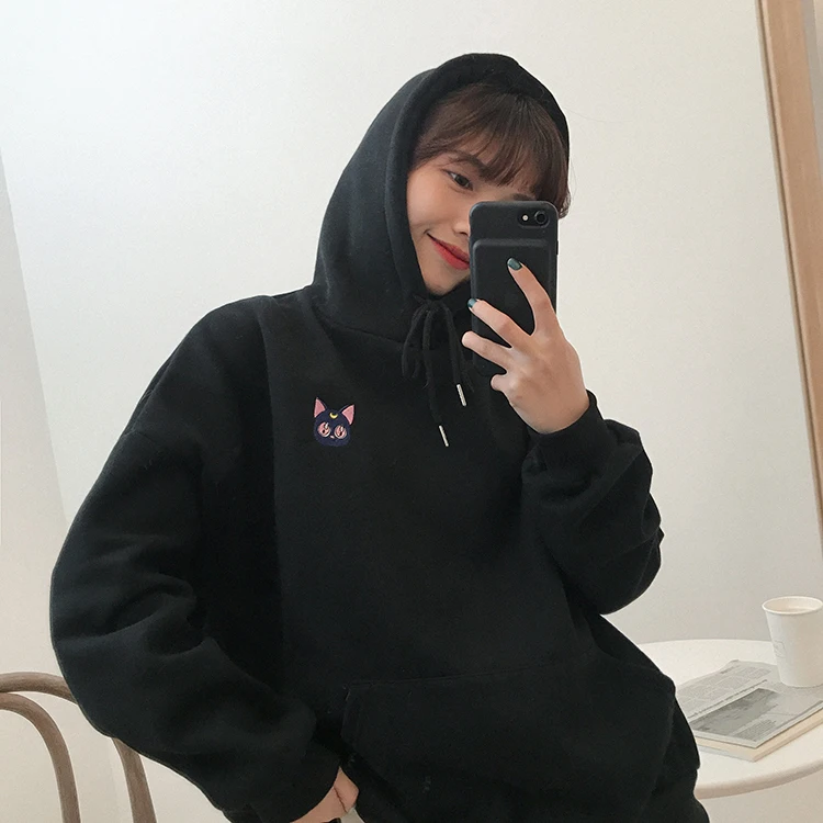 Вышитые Луна кошка розовые толстовки для женщин Kawaii корейский стиль свободная толстовка с капюшоном пуловеры
