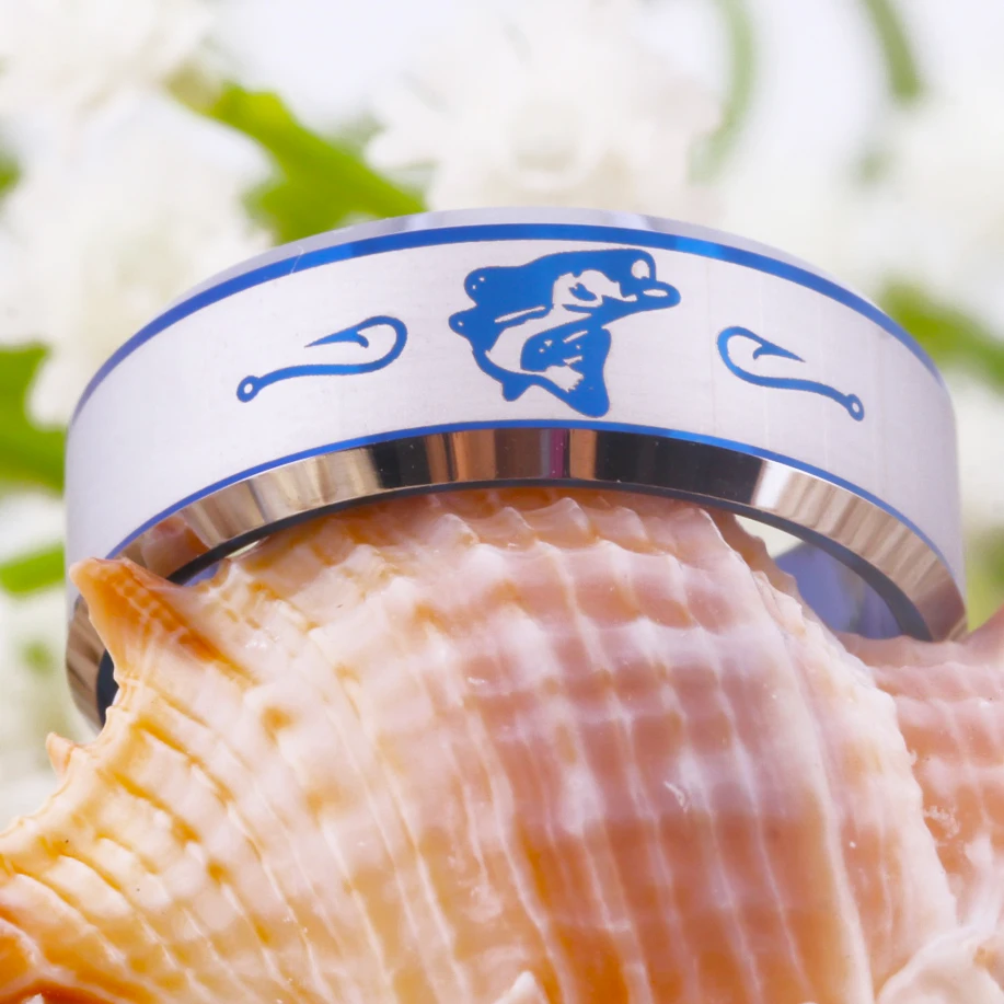 Free Shipping USA UK Canada Russia Brazil Hot Sales 8MM Fishing Ring Fish & Hooks  Beveled New Men's Tungsten Wedding Ring