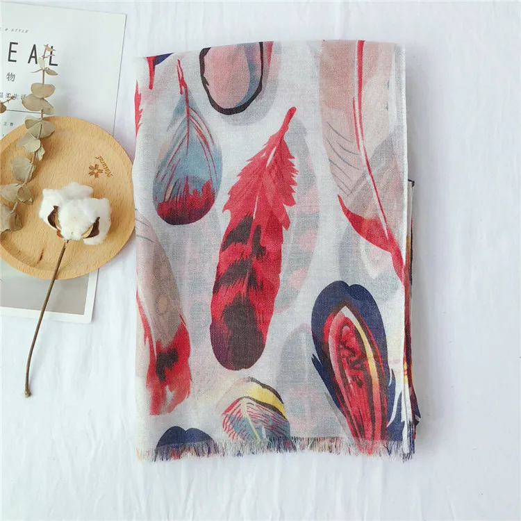 Осенний шарф женский с принтом перьев Хиджаб шарф обертывание для леди foulard femme - Цвет: Белый
