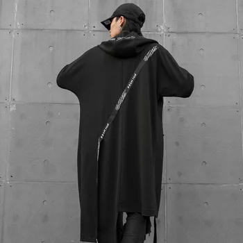 

Men Jacket Cardigan Autumn Ribbon Rope Hooded Trench Coat Male Streetwear Hip Hop Punk Gothic Windbreaker Shawl Overcoat Robe