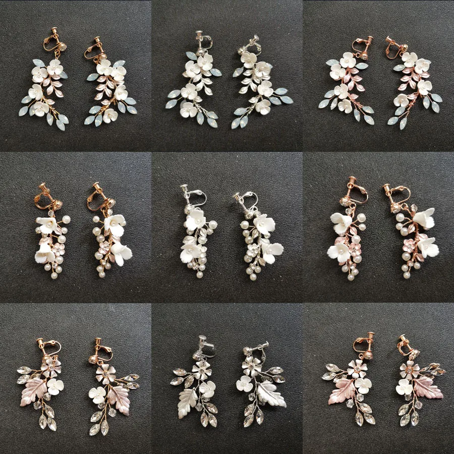 

SLBRIDAL Handmade Rhinestones Crystals Pearl Ceram Flower Bridal Dangle Earring Wedding Chandelier Earring Fashion Women Jewelry