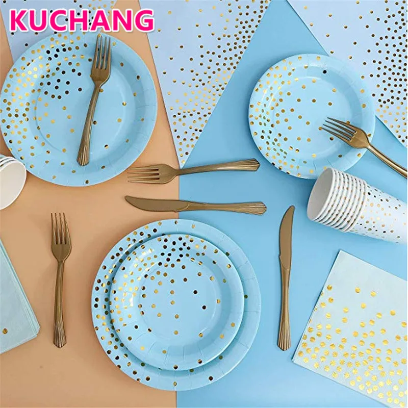 

10pcs Pink Blue Bronzing Dot Disposable Tableware Set Cup Plate Paper Towel Birthday Party Supplies Baby Shower Wedding Decor