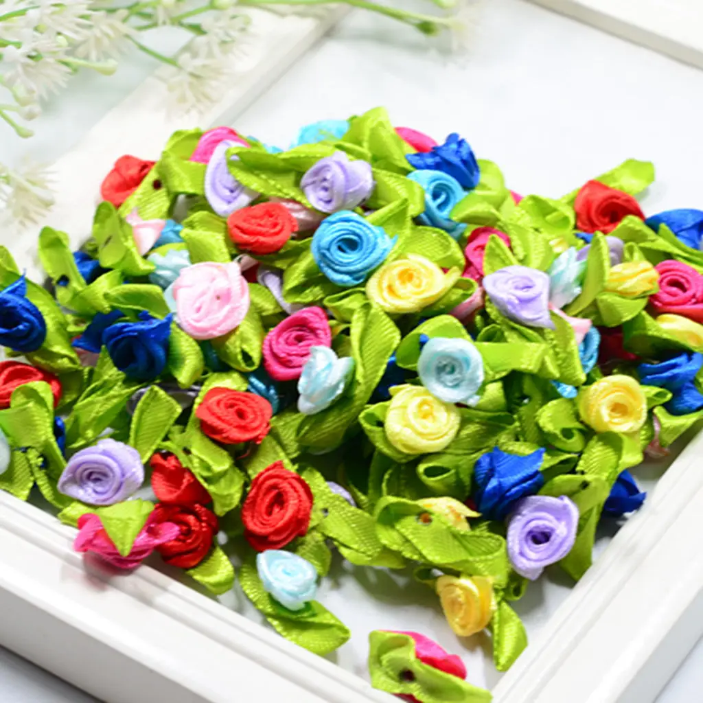 100 15mm Rose Bud Satin Ribbon Flower DIY Craft Wedding Appliques Decoration