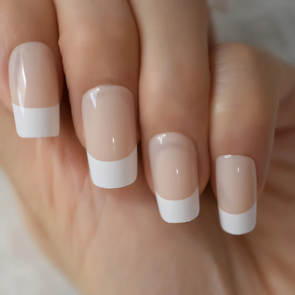 Natural Nude Square French Nail Medium Size White Tip Classical Faux Ongles  Round Smile Line Manicure Tips With Glue Sticker - False Nails - AliExpress