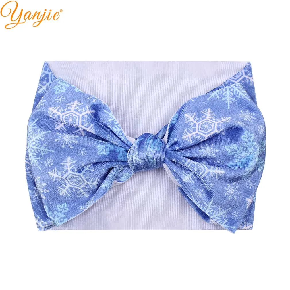 

7'' Big Hair Bows Printed Velvet Headband Girls Winter Snowflake/Sunflower Pattern Turban Velvet Head Wrap Kids Hair Accessories