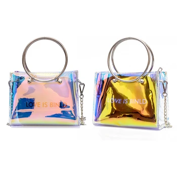 

2 Pcs Women Bag Set Shoulder Bag+Clutch for Teenage Girls Fashion Laser-Jelly Crossbody Bag Circle Handle Tote, Colorful & Gold