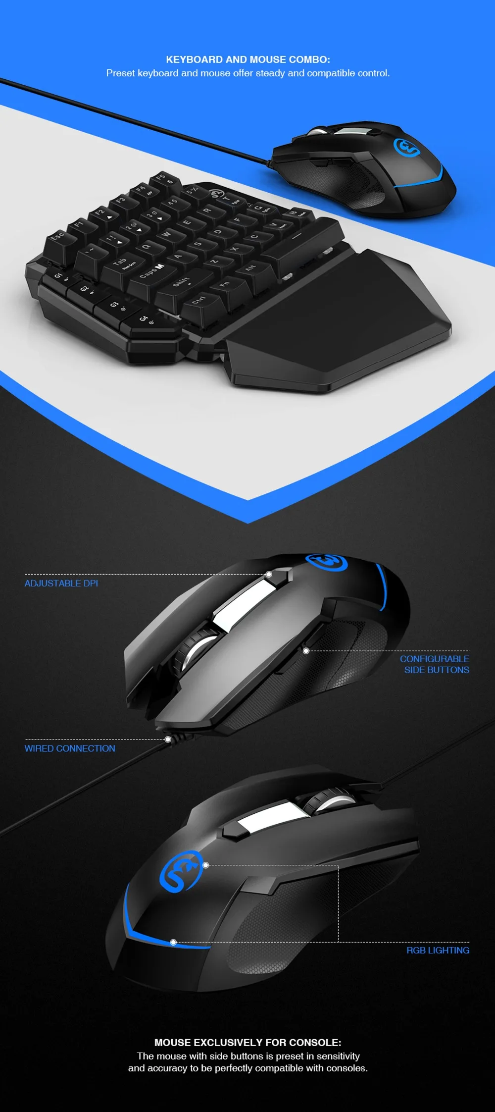 Мышь и клавиатура GameSir VX PS4, механическая, с одной рукой, 2,4G, беспроводная, Bluetooth, игровая, регулировка точек на дюйм для Xbox/PS3/PS4/Switch/PC