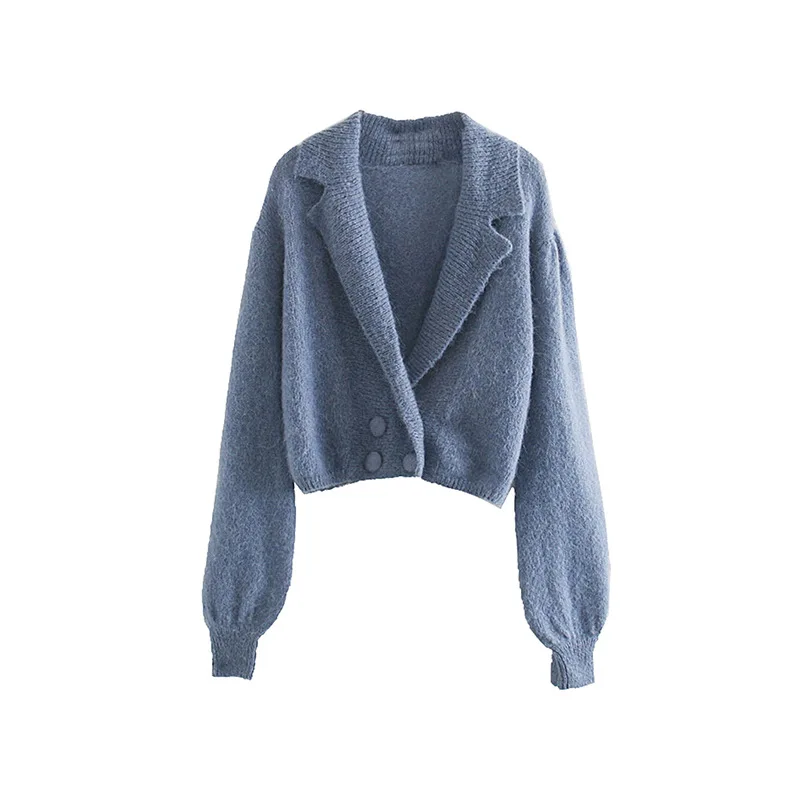 

2019 Winter WOMEN'S Dress New Products Solid Color Loose-Fit Long Sleeve Short Double Breasted Blue Knitted Cardigan Sweater Coa