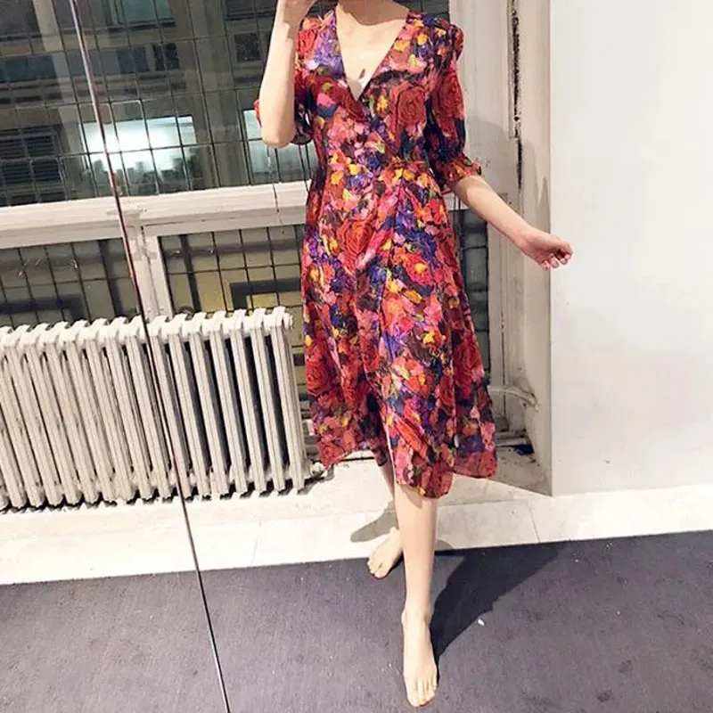 

Women Dresses 2019 New V-neck Floral Print Wrap Dress