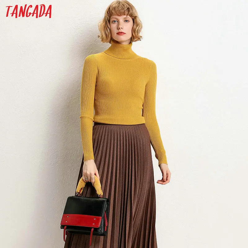 Tangada модная Женская водолазка тонкий свитер с длинным рукавом Твердые тянущиеся пуловеры женские шикарные вязаные топы AQJ13