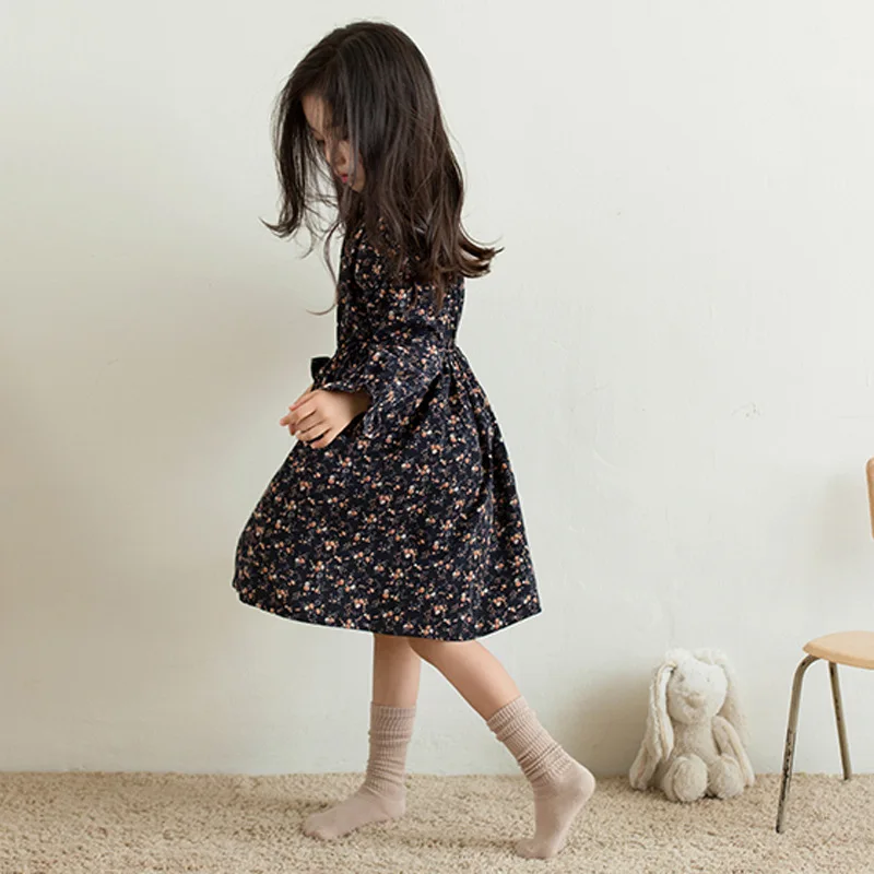 

Big Girls Floral Print Ruffle Collar Elegant Dress Autumn Kids Clothing 2019 Korean Long Sleeve A Line Casual Dresses Age 4 -14