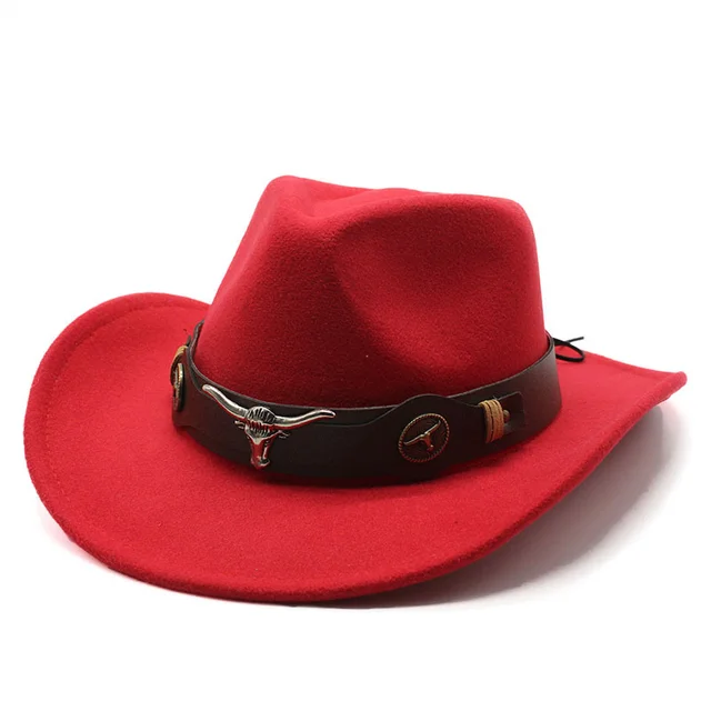 Wome Men Black Wool Chapeu Western Cowboy Hat Gentleman Jazz Sombrero Hombre Cap Dad Cowgirl Hats Size 56-58cm Red