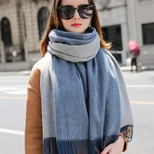 Осень зима чистый шерстяной шарф для женское утепленное плотное кисточки шерсть шаль обертывания Женские Двухцветные шерстяные шарфы два размера