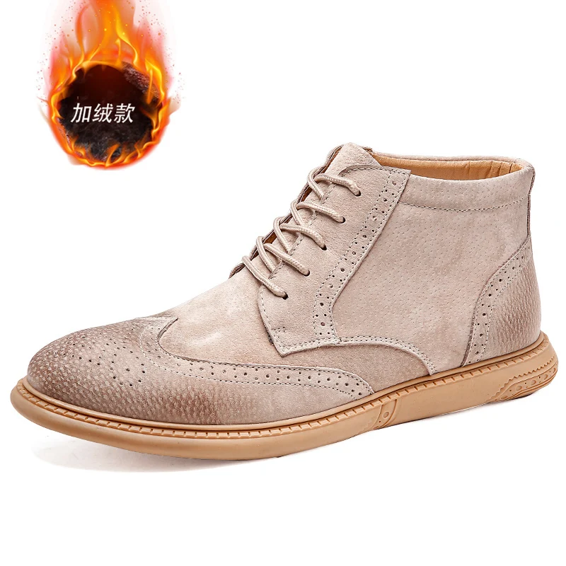 

2019 New Trend Winter Formal Shoes Men In Big Size 45 46 High Top Brogue Shoes Genuine Leather Men Dress Boots With Fur Man Shoe