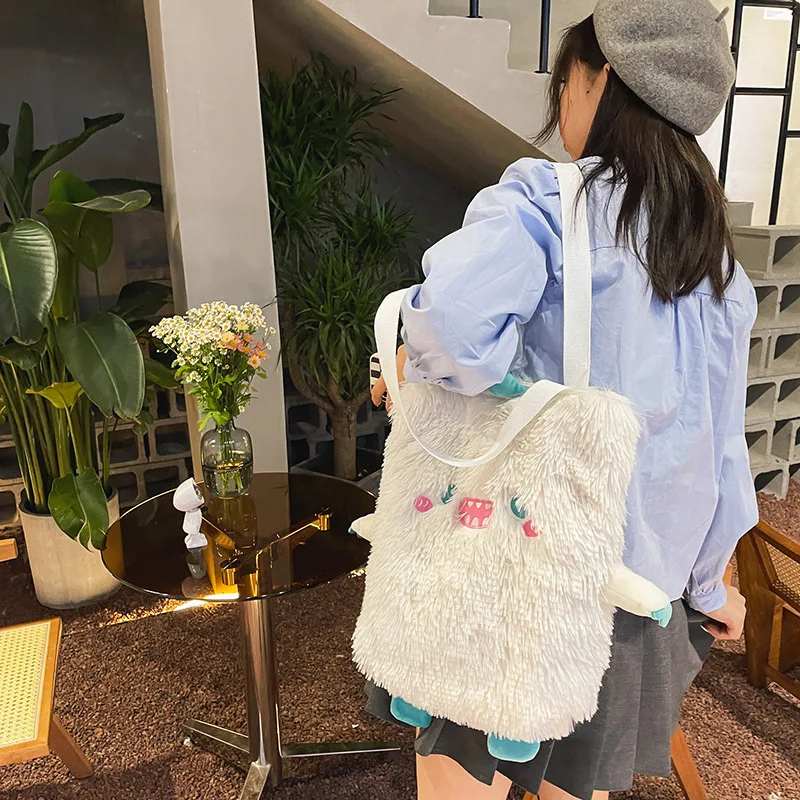 Winter Soft Plush Shoulder Bag Women Cute Little Monster Embroidery Handbags Faux Fur Women Bags Student Book Bag Shopper Bag handbags