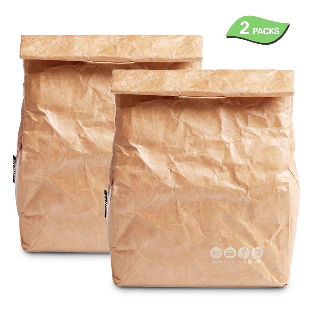 

2 Packs Insulated Lunch Bag Picnic Bag Leakproof Brown Paper Bags Eco-friendly Reusable Paper Bento Pouch for Work School Picnic