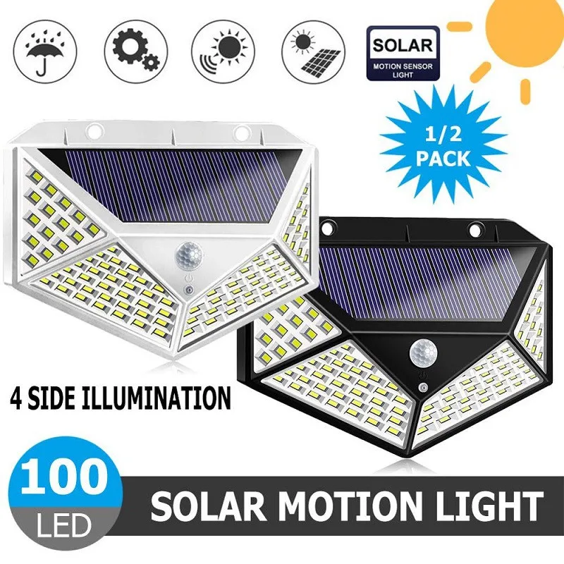 

100 LED Solar Light Outdoor Waterproof 4-side Solar Sunlight Powered Lamp PIR Motion Sensor Wall Light for Garden Decor 3 Modes