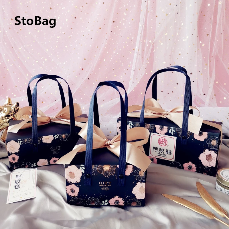 

StoBag-Portable Flower Blue Paper Box Birthday Party Wedding Baby Shower Kind Favor DIY Handmade Gift Packing Cookies 5Pcs