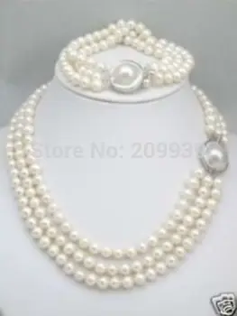 

huij 003617 HOT triple strands 8-9mm South Sea White Pearl Necklace Bracelet set Mabe Clasp