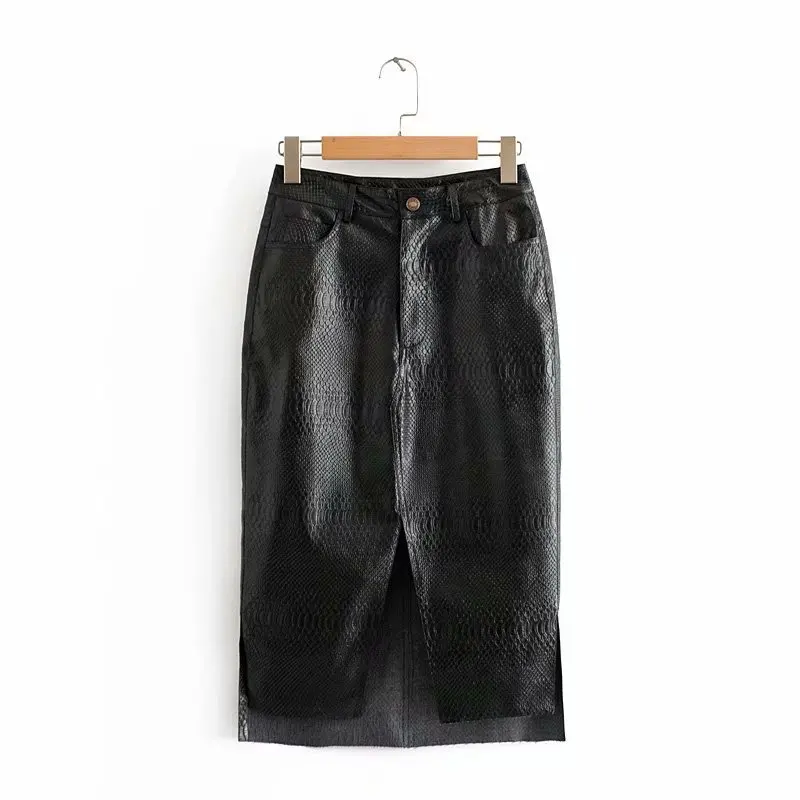 

2018 Autumn And Winter New Style Europe And America WOMEN'S Dress Animal Print Embossed Slit Skirt Mid-length Leather Skirt