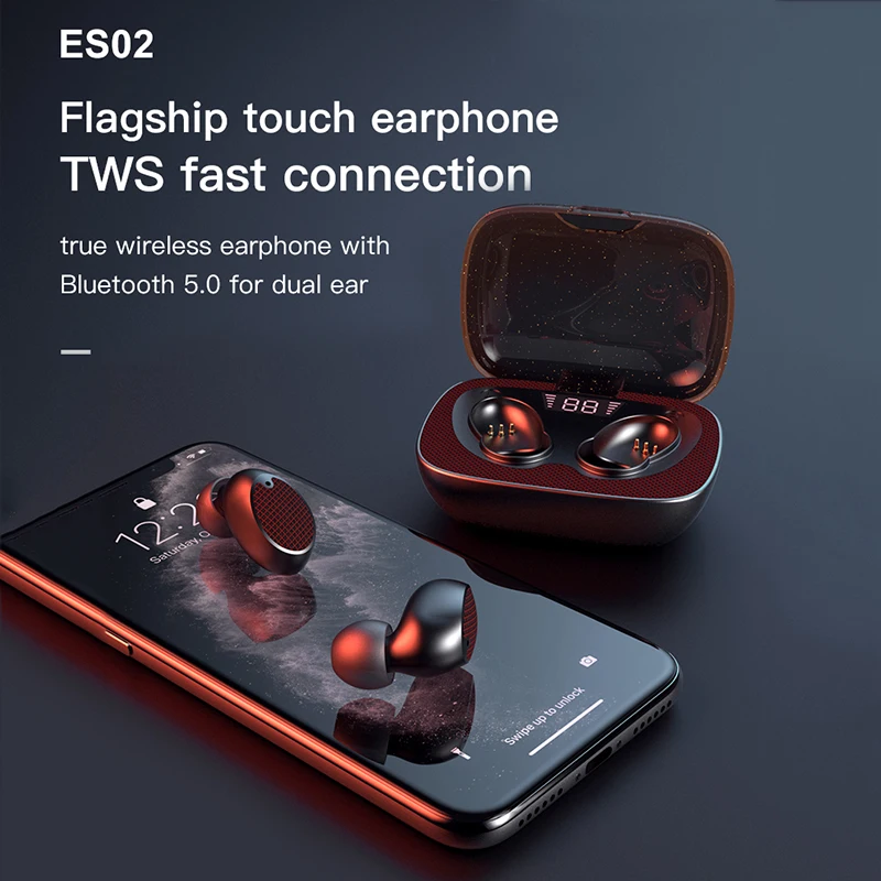 ES02 TWS водонепроницаемые наушники Мини Bluetooth 5,0 наушники настоящие беспроводные наушники сенсорные наушники для iOS/Android телефон светодиодный дисплей