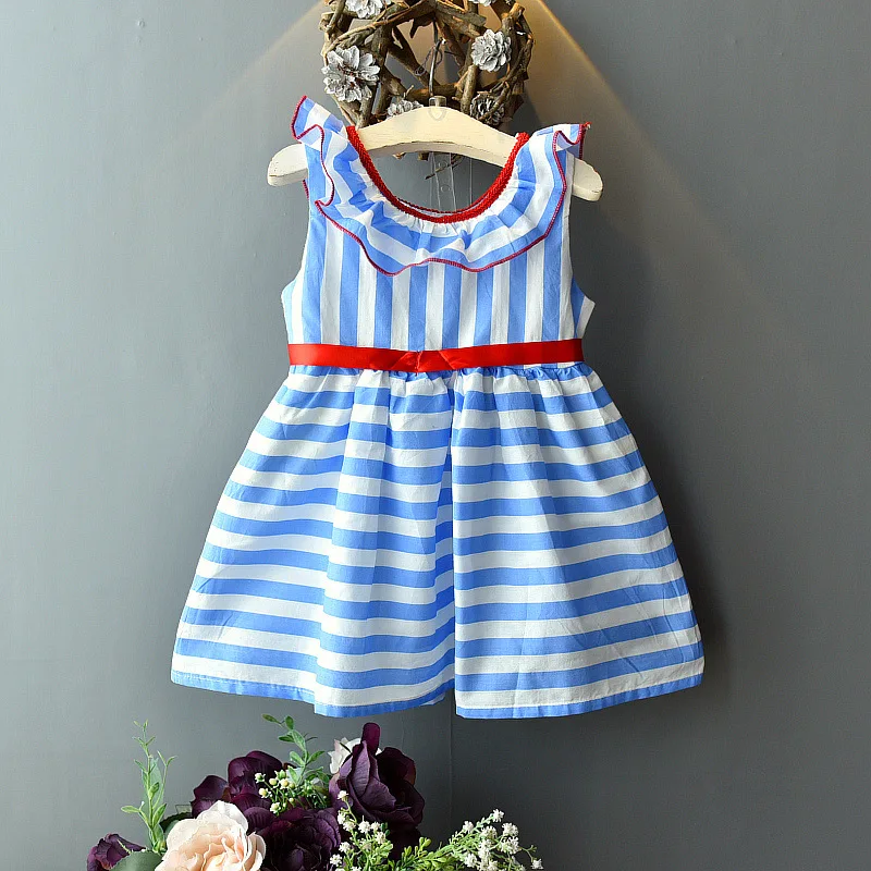 

Children CHILDREN'S Skirt 2019 Summer New Style Girls Fresh Stripes Fly Sleeve Sleeveless Lotus Leaf Lace Collar Dress