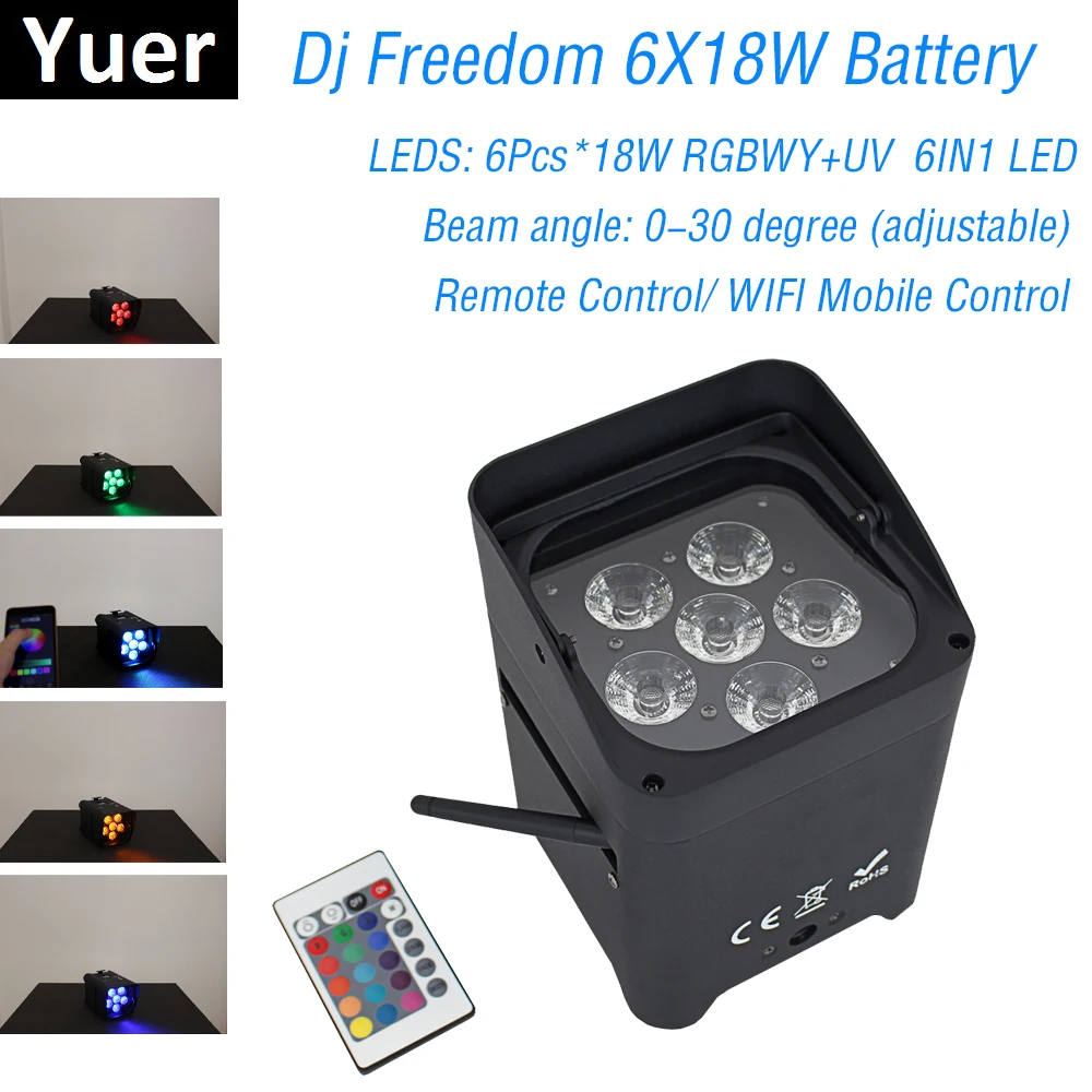 6*18W RGBWY-UV Wireless DMX Uplighting Battery Operate Wifi & IRC Remote Control DJ LED Par Can Wash Light Disco Wedding Uplight