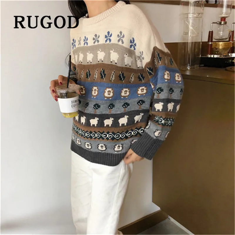 RUGOD женский свитер корейский стиль на крючках с цветком контрастный цвет длинный