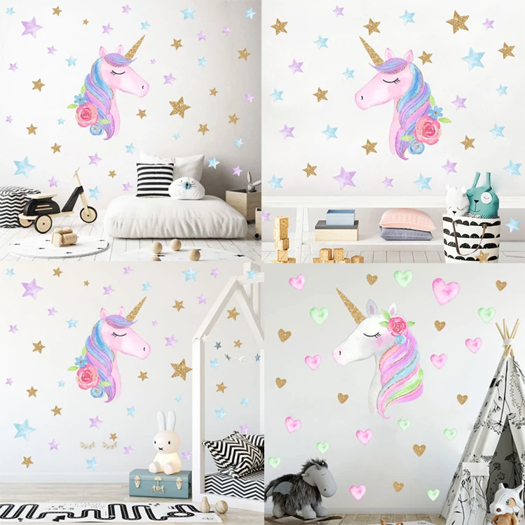 Fantasy Unicorn wall stickers for kids rooms DIY Nursery Home Decor Colorful Flower Animal Cute Flamingo Wall Stickers | Дом и сад