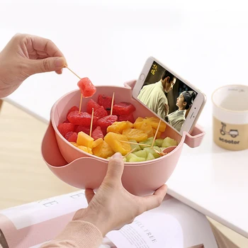 

Plastic Double Layers Snack Storage Box Portable Snack Nut Bowl Plate with Phone Holder Creative Stand Home Storage Organizer