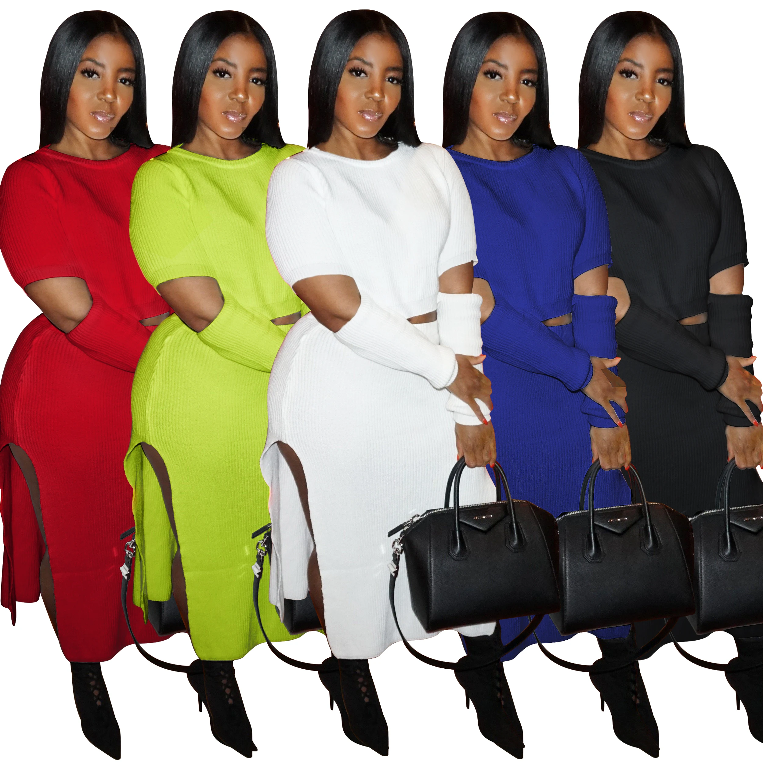 

RT Women Casual Suits Two Pieces Set Long Sleeve Top Slit Midi Skirt Mid Calf Skirt Leisurewear Solid Pattern Outdoor Wear
