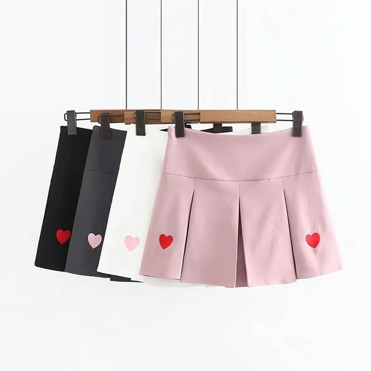 

Spring Clothing New Style Korean-style Versatile Short Skirt High-waisted Pleated Skirt Embroidered Heart Versatile Students Ski
