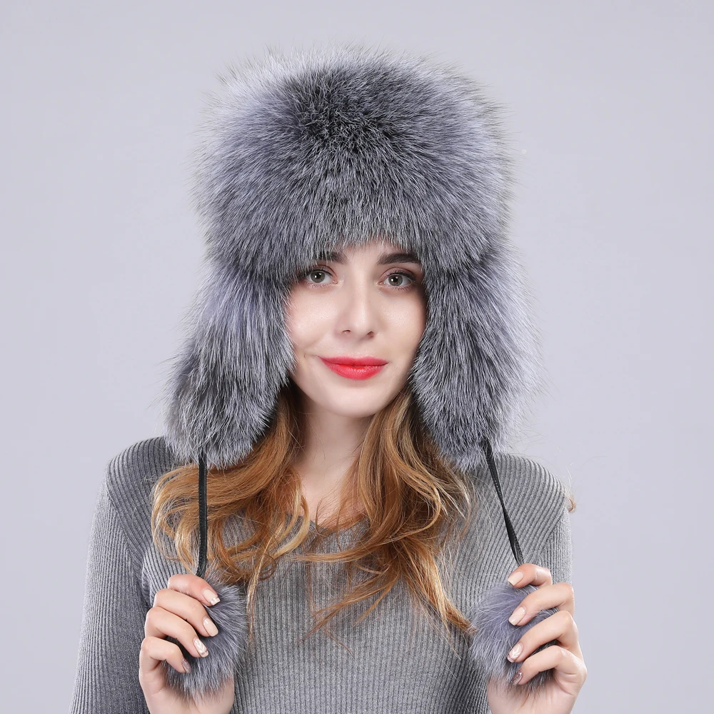 Women real fox fur hat genuine sheepskin leather caps winter warm Ears Fashion Bomber Cap belt new arrival