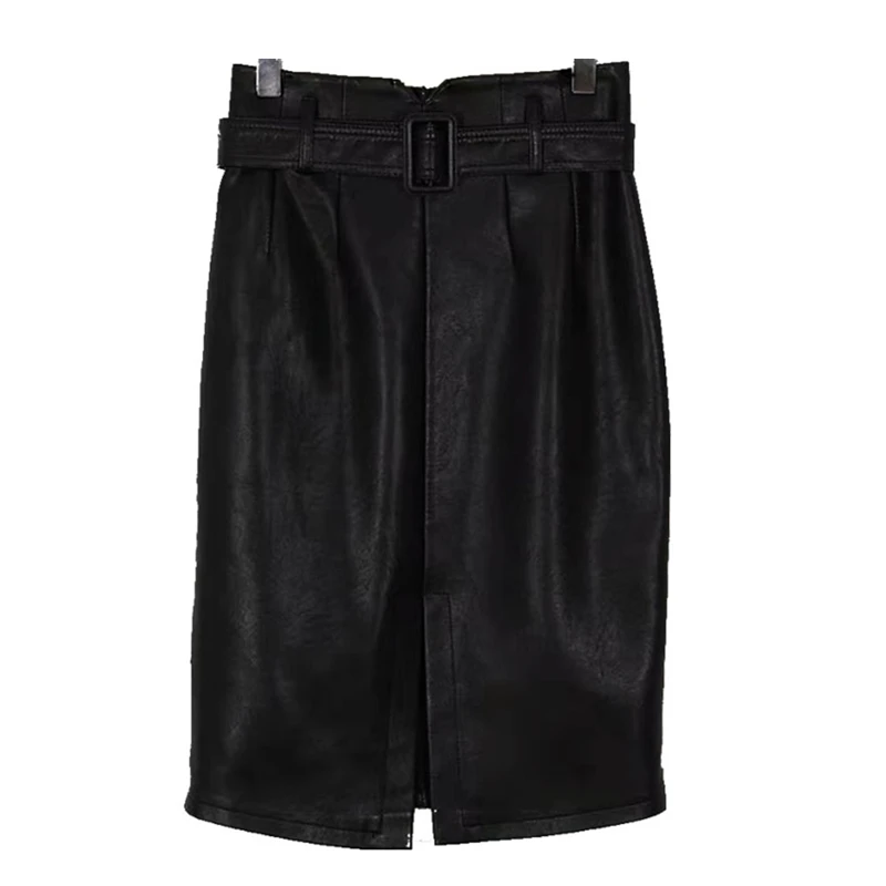 High Waist Split Sheath Wrap Skirt with Belt Female 2021 New Autumn Winter Women Black Pu Leather Pencil Midi Chic | Женская одежда