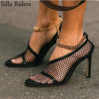 

2020 Runway Mesh Thin High Heels Pumps Woman Chain Ankle Strap Summer Sandals Woman Sexy Ladies Party Shoes Woman Summers Shoes